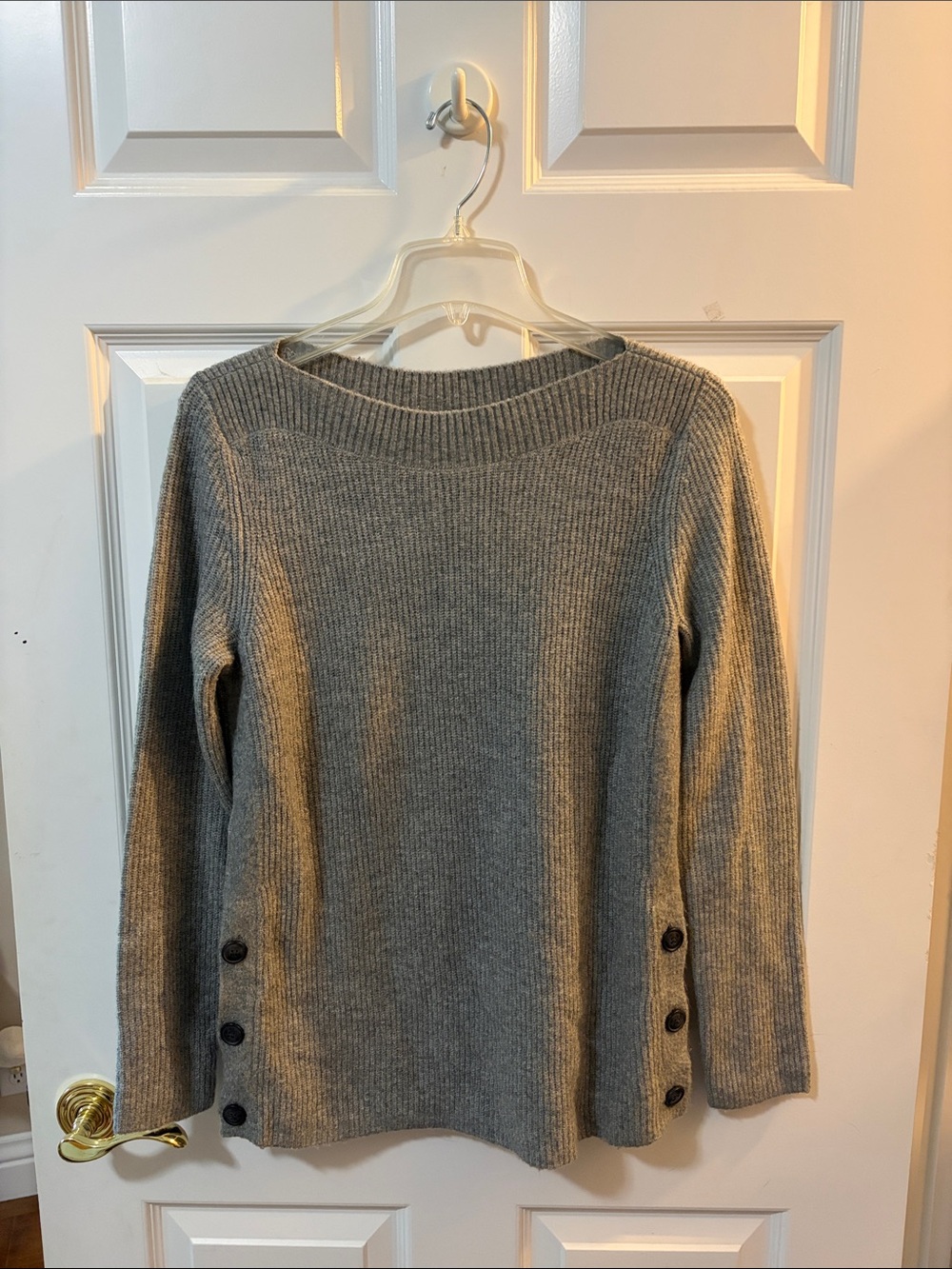 Talbots Heather Gray Ribbed Crewneck Sweater with Side Buttons